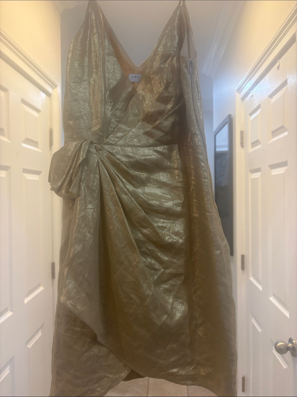 Sandro Paris Mettalic  Gold Mini Dress with Draped Knot Detail